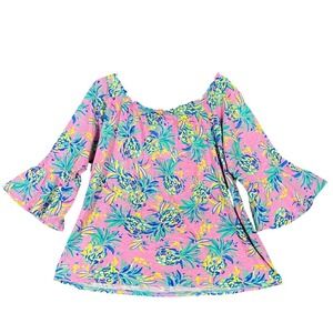 Stella Parker Pineapple Print Bell Sleeve‎ Off Shoulder Knit Top XL Womens